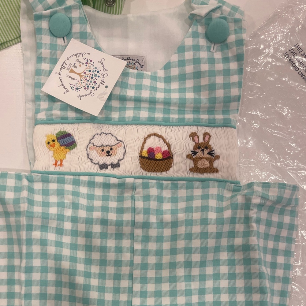Aqua Gingham Smocked Kids One-Piece with Easter Embroidery
